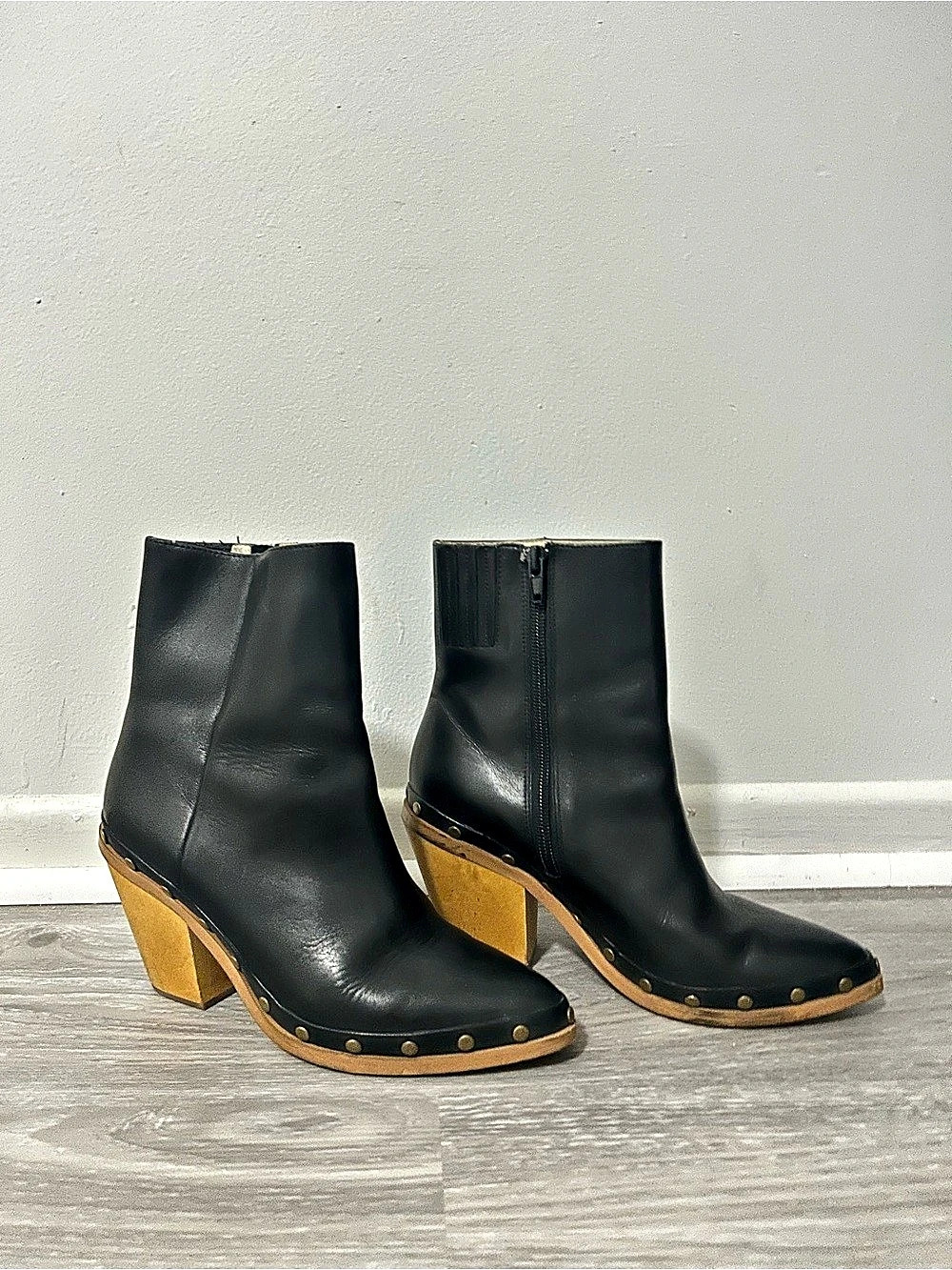 Studded Wood Heel Ankle Boots in Black | US 6.5